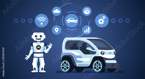 Autonomous car. Self-driving car with robot and icons. Artificial intelligence on the road. Vector infographics illustration