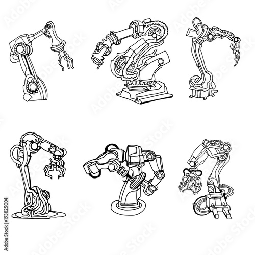Vector abstract robot arm icons set illustrating industrial automation. Hand drawn.