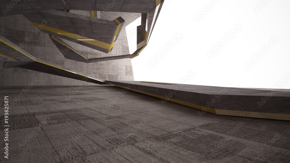 Abstract white and concrete interior with glossy green lines. 3D illustration and rendering. Abstract white and concrete interior with glossy green lines. 3D illustration and rendering.