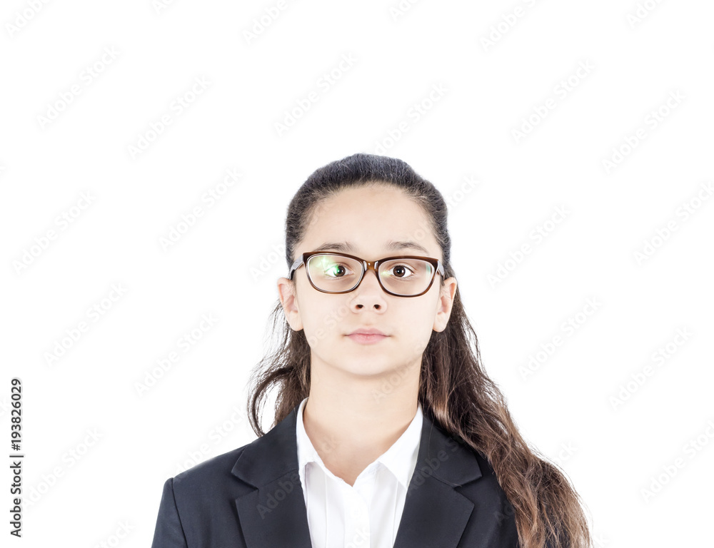 Image of a beautiful caucasian brunette girl wearing glasses, isolated on white