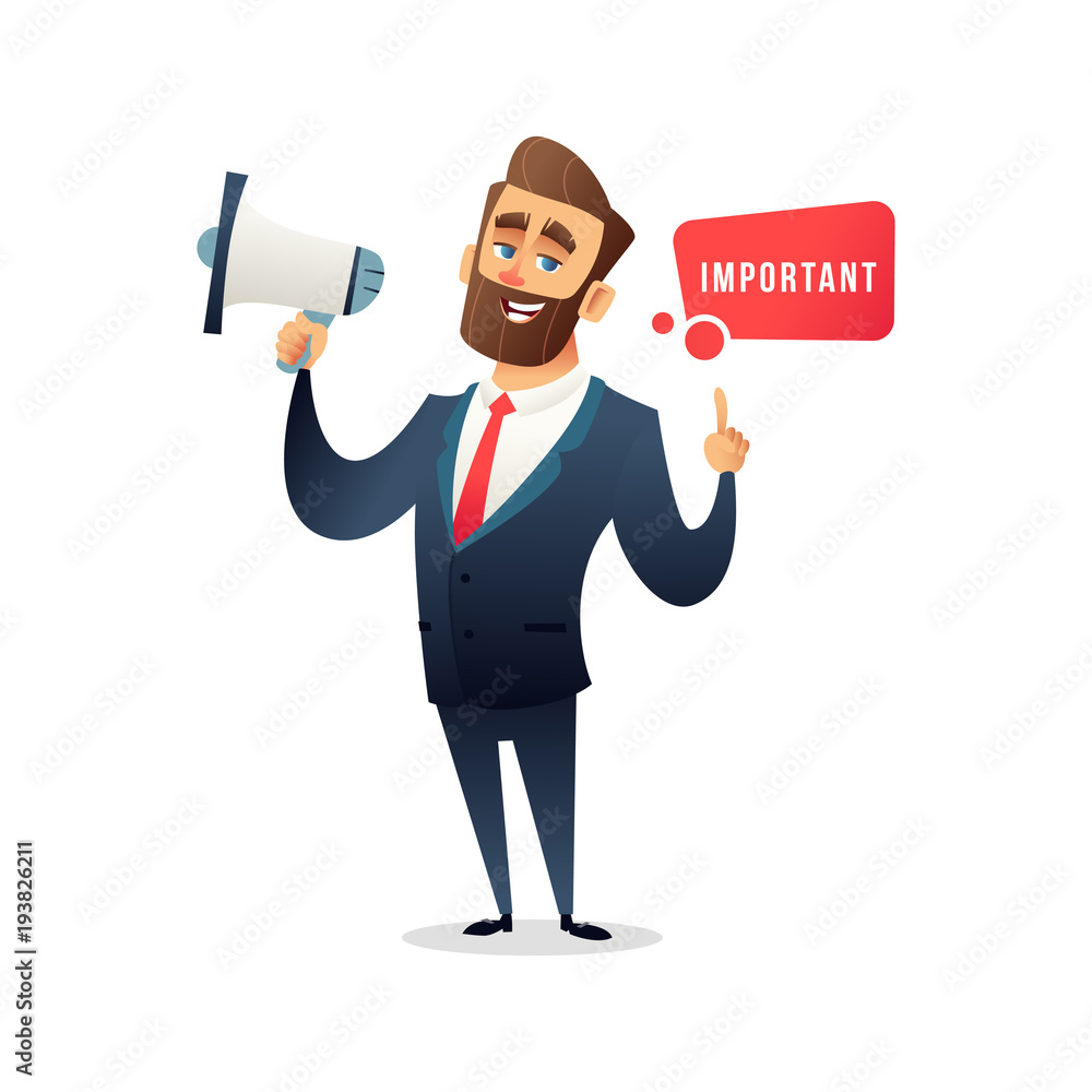 Successful bearded businessman or manager say something special in loudspeaker. Man in a business suit says something important. Business concept illustration Successful bearded businessman or manager say something special in loudspeaker. Man in a business suit says something important. Business concept illustration