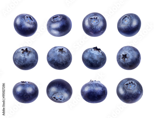 Set of fresh blueberries isolated on white background