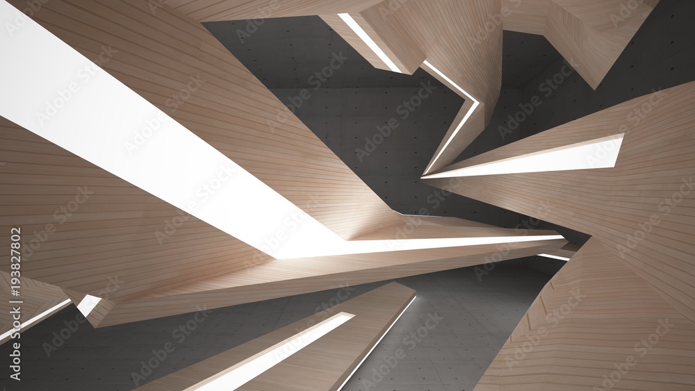 Fototapeta premium Abstract concrete and wood parametric interior with neon lighting. 3D illustration and rendering.