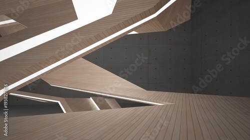 Abstract concrete and wood parametric interior with neon lighting. 3D illustration and rendering.
