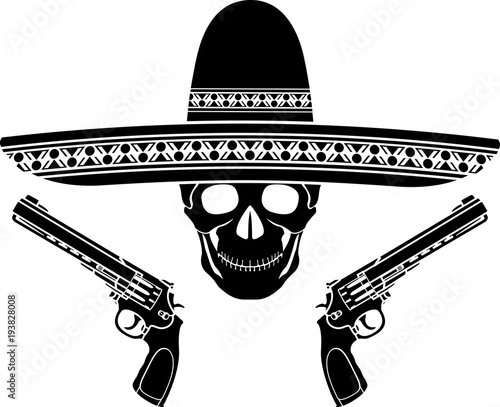skull with sombrero and two pistols. vector illustration