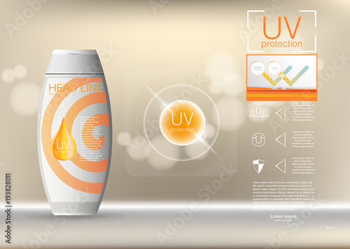 Design cosmetics product advertising. Vector illustration EPS10. Sunblock ads template, sun protection cosmetic products design with cream or liquid, background.