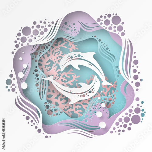 Paper underwater sea cave with coral reef, seabed in algae, waves and dolphin. Paper cut deep style vector.  Deep blue marine life, diving concept. Ocean wildlife. Origami style
