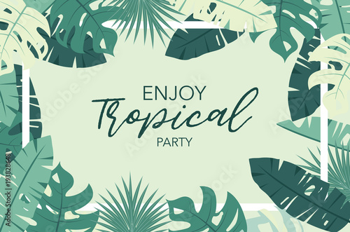 Green tropical greeting card with palm, coconut tree,hibiscus and flower