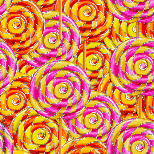 Seamless background made of colorful lollipop candy, isolated on white.
