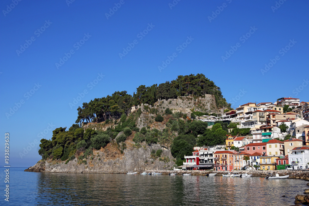 castle and old colorful buildings Parga Greece
