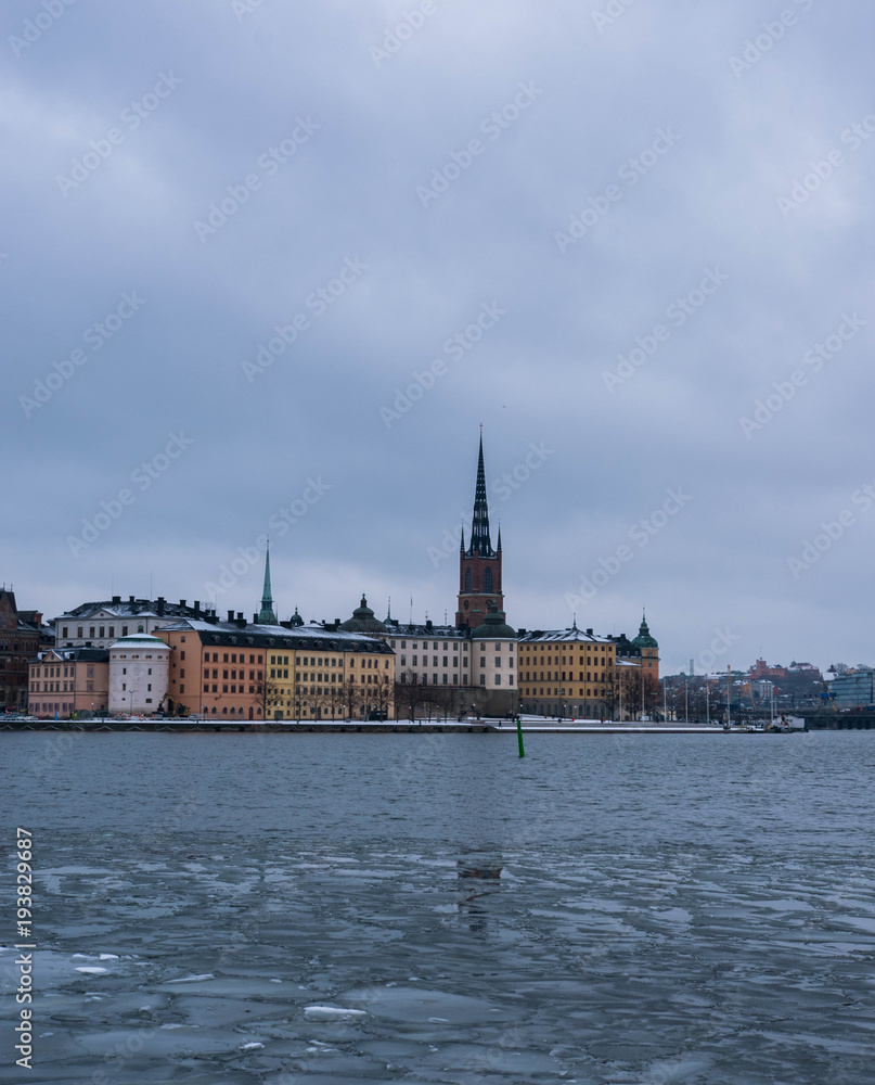 View of the Swedish architecture, whilst the river is freezing