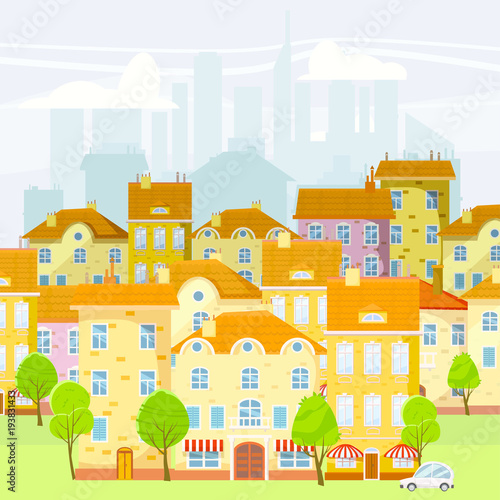 Cute cityscape, beautiful houses, old and modern, cartoon style, isolated, vector, illustration
