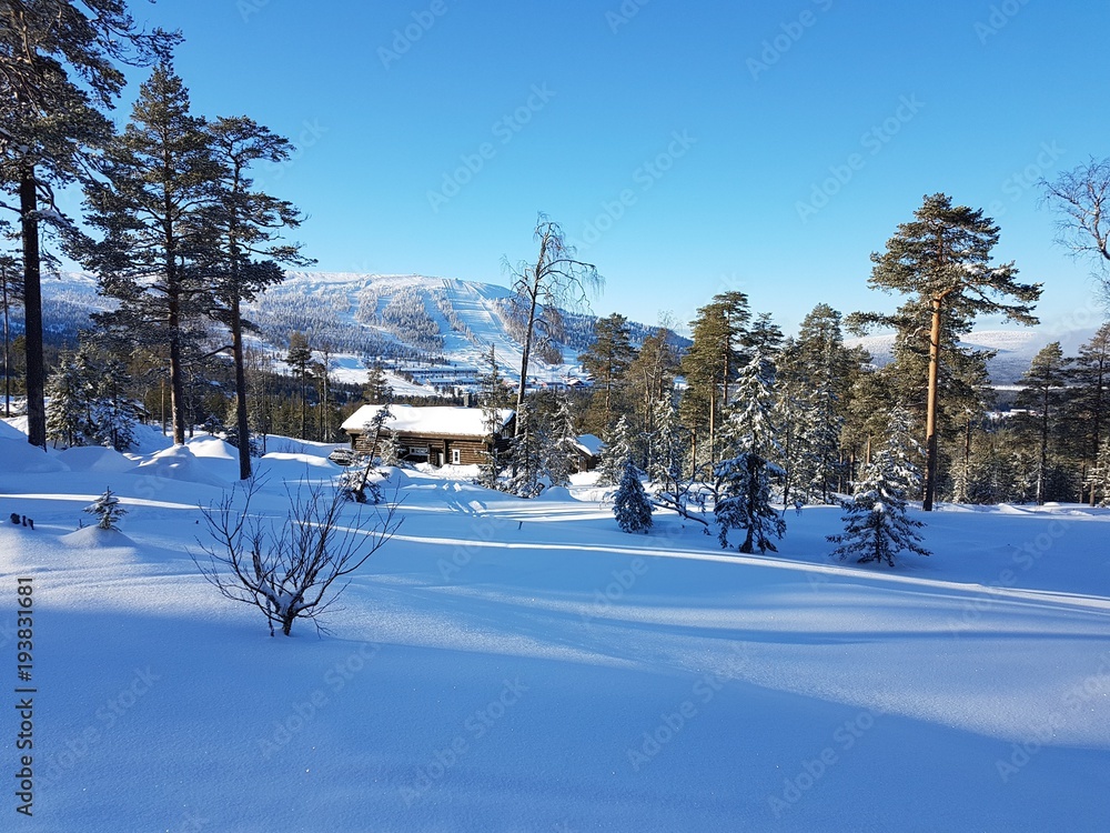 A cabin in a snowy landscape with a maountain behind it, and soft powder snof in front of it