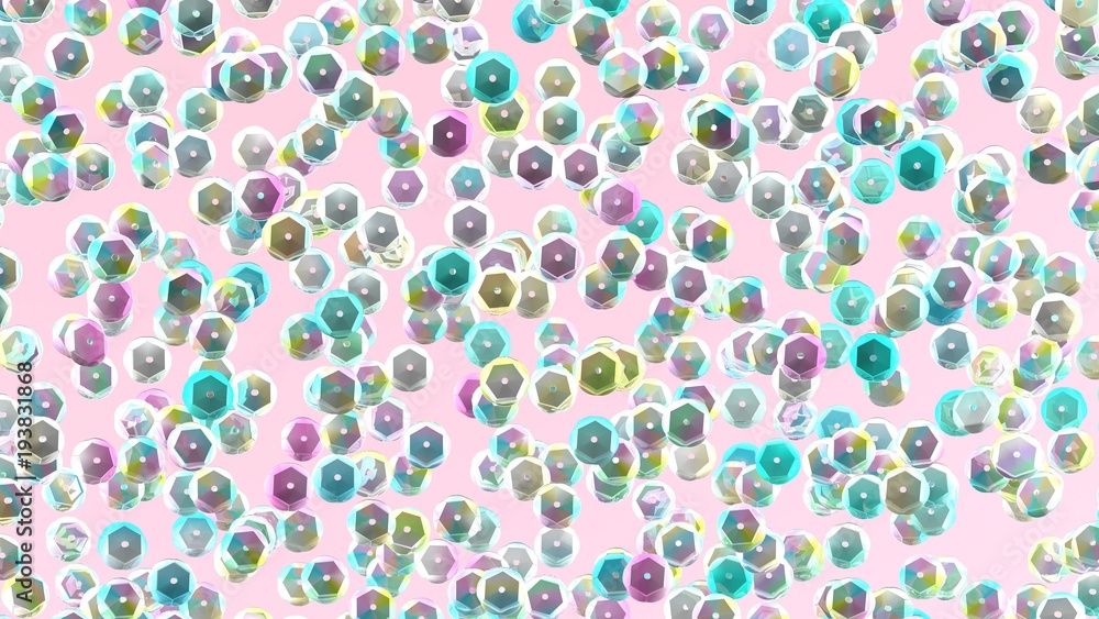 Sequins on pink background. Holographic sequin. Rhinestones. 3d illustration. Fashion backdrop. Embroidery. Rainbow sparkles. Glitter. Digital image. Sequins on pink background. Holographic sequin. Rhinestones. 3d illustration. Fashion backdrop. Embroidery. Rainbow sparkles. Glitter. Digital image.