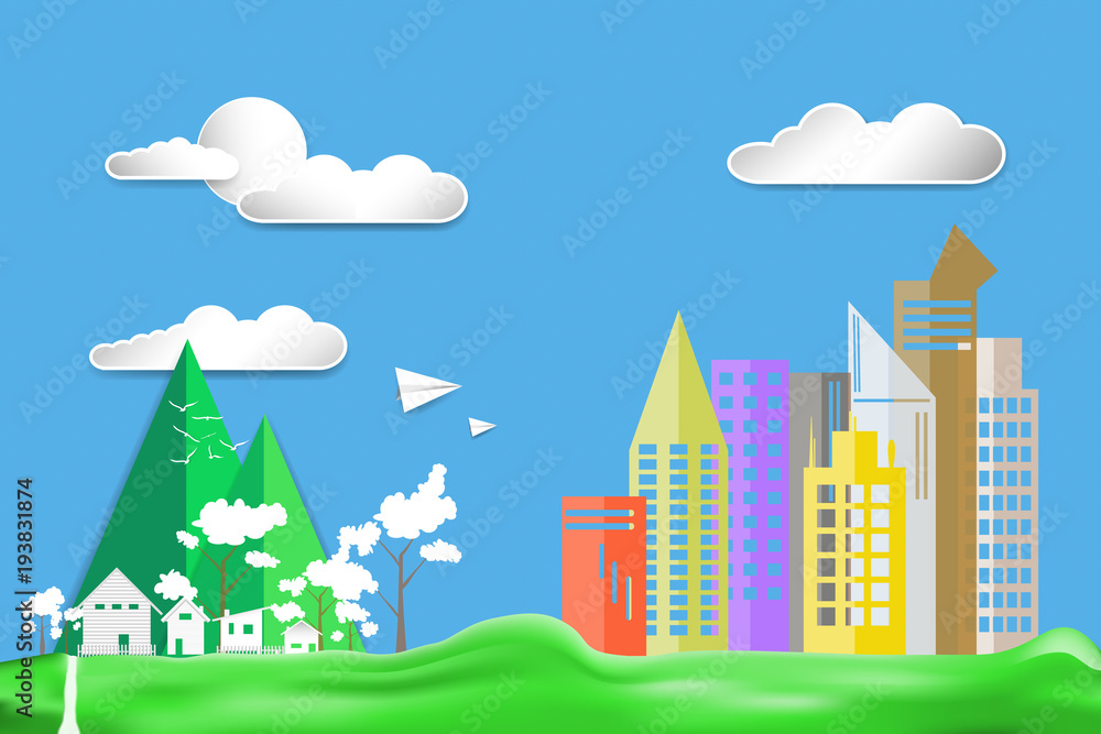 paper art style flat design color city town house landscape  countryside on Green lawn with airplane and sun in blue sky big cloud  background. concept vector illustration