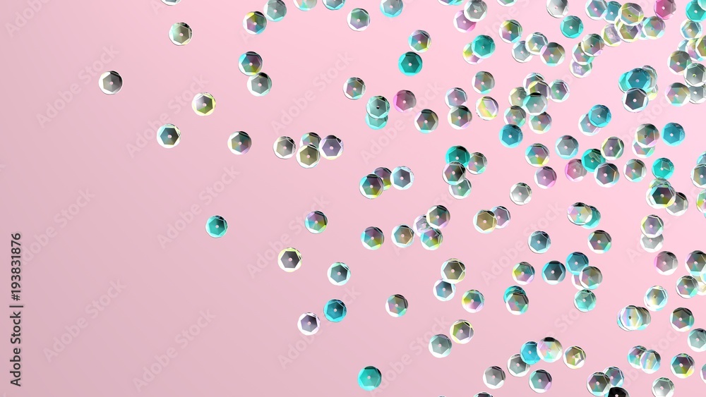 Sequins on pink background. Holographic sequin. Rhinestones. 3d illustration. Fashion backdrop. Embroidery. Rainbow sparkles. Glitter. Digital image. Sequins on pink background. Holographic sequin. Rhinestones. 3d illustration. Fashion backdrop. Embroidery. Rainbow sparkles. Glitter. Digital image.