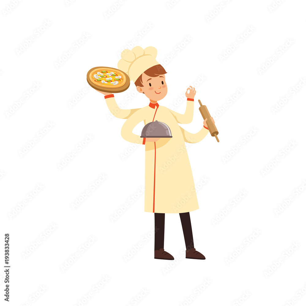 Multitasking chef cook character, young man with many hands holding cloche, pizza, rolling pin and showing ok sign vector Illustration on a white background Multitasking chef cook character, young man with many hands holding cloche, pizza, rolling pin and showing ok sign vector Illustration on a white background