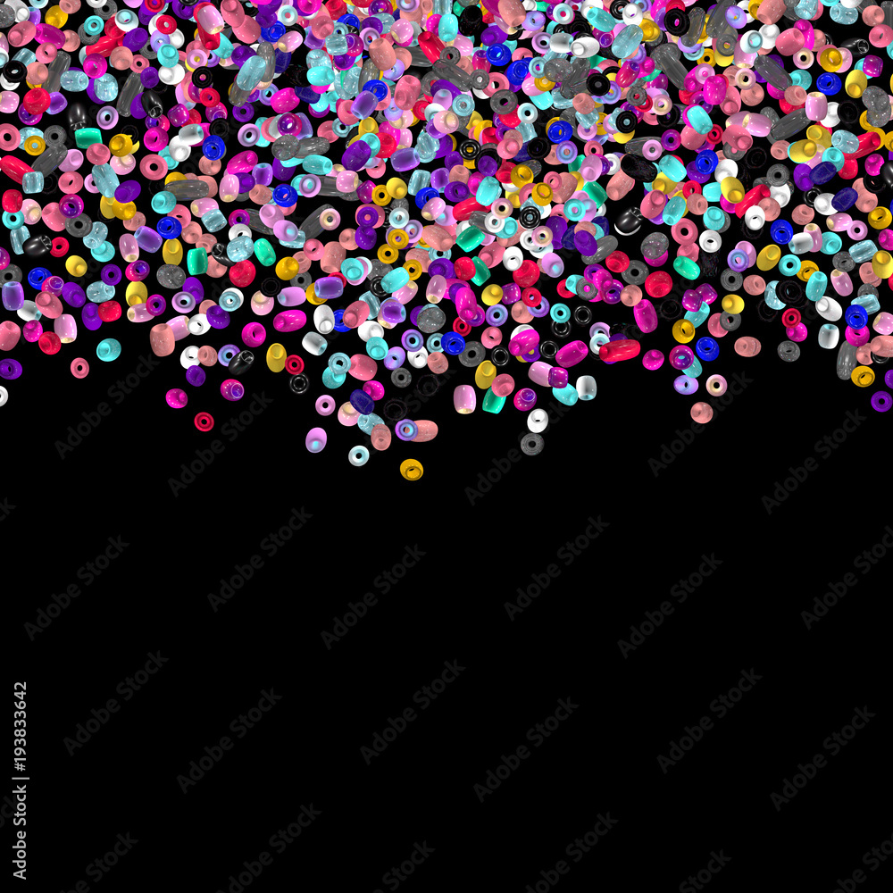 Beads background. Fashion accessory. Handmade craft. Glass beads top view. Sequins. Heap of gems. Rhinestones. Realistic illustration. 3d rendering. Jewelry making.