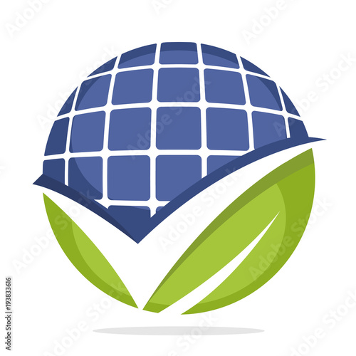 icon business logo for the development of alternative solar energy with good management concept, illustrated with the arrangement of solar power panels, leaf and check-mark