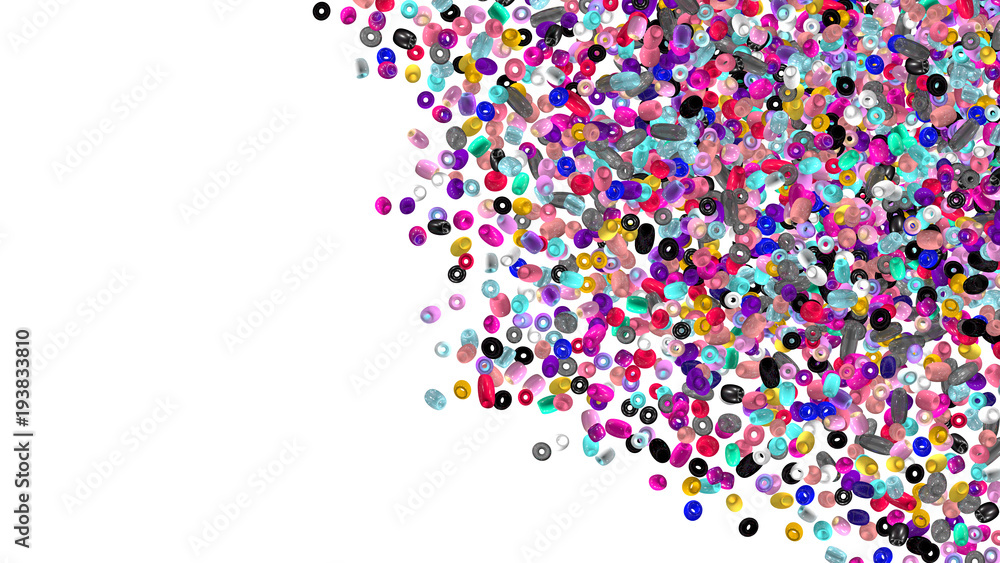 Beads background. Fashion accessory. Handmade craft. Glass beads top view. Sequins. Heap of gems. Rhinestones. Realistic illustration. 3d rendering. Jewelry making. Beads background. Fashion accessory. Handmade craft. Glass beads top view. Sequins. Heap of gems. Rhinestones. Realistic illustration. 3d rendering. Jewelry making.