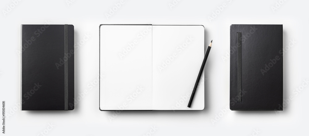 Business concept - Top view collection of black fly black notebook front, back and white open page isolated on background for mockup Business concept - Top view collection of black fly black notebook front, back and white open page isolated on background for mockup