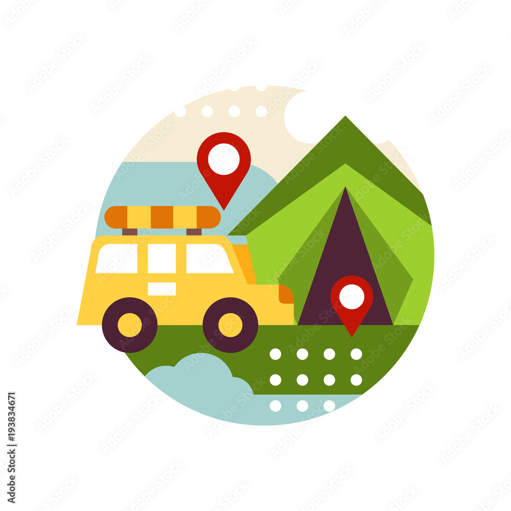 Creative landscape with retro van bus and tent in logo circle, travel and  camping sign, design element for emblem or badge vector Illustration on a  white background Stock Vector | Adobe Stock