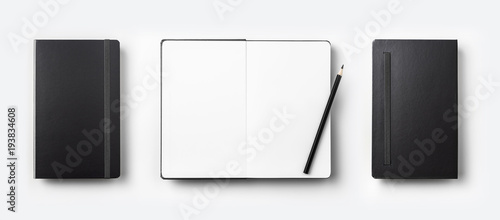 Business concept - Top view collection of black fly black notebook front, back and white open page isolated on background for mockup