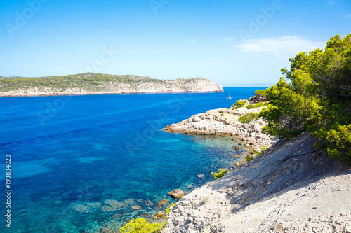 Fototapeta Naklejka Na Ścianę i Meble -  Island scenery, seascape of Mallorca Spain. Idyllic coastline of Majorca, Mediterranean Sea on sunny day