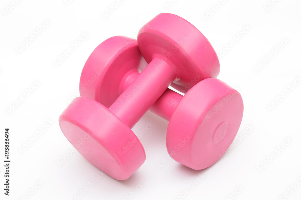 Pink Dumbbells isolated on white background fitness concept Pink Dumbbells isolated on white background fitness concept