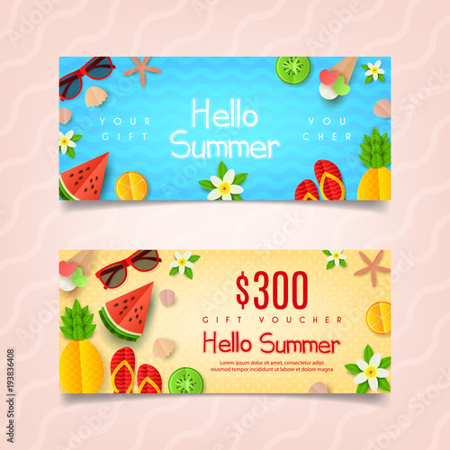 Summer gift voucher template. Summer composition with flat paper cut elements. Vector illustration. Design of Coupon Usable for Invitation and Ticket. Greeting Card with Seasonal Offer.