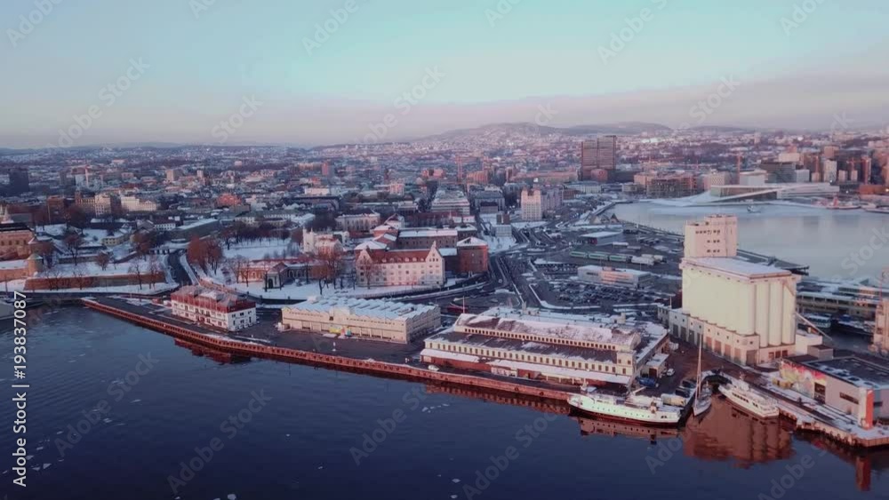 Aerial sliding shot towards Vippa and Akershus area in Oslo, Norway at sunset Aerial sliding shot towards Vippa and Akershus area in Oslo, Norway at sunset