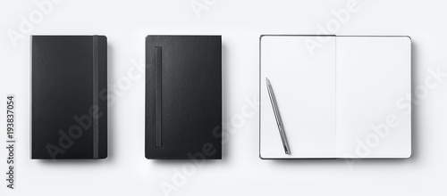 Business concept - Top view collection of black fly black notebook front, back and white open page, ballpoint pen isolated on background for mockup