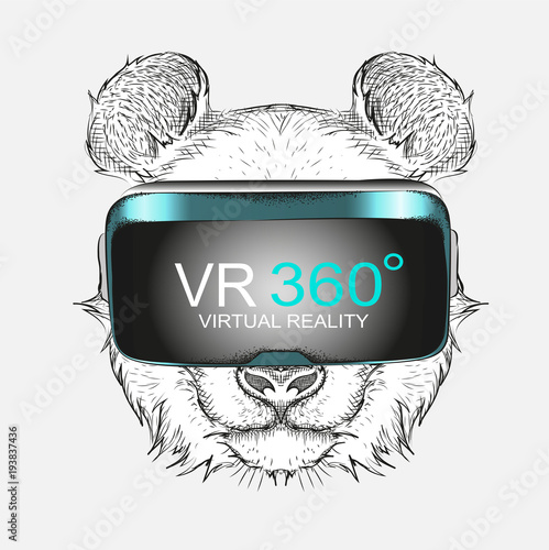 Fototapeta Naklejka Na Ścianę i Meble -  Hand draw panda portrait. Animal in virtual reality glasses . Hand draw vector illustration