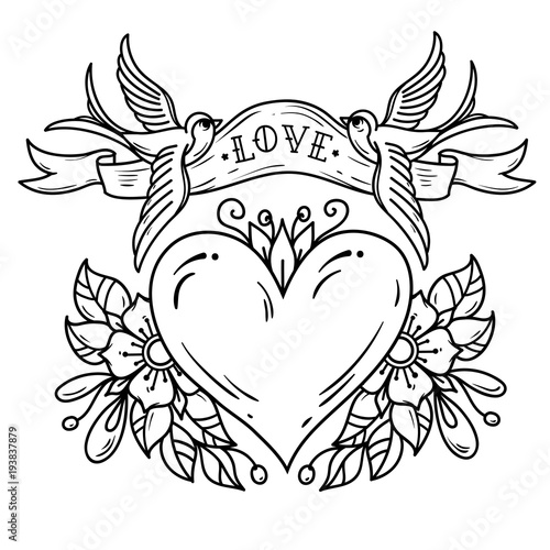 Two bluebirds carry ribbon with lettering LOVE over heart. Red heart decorated with flowers. Black and white tattoo