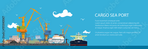 Banner with Unloading Oil or Liquids from the Tanker Ship, Sea Freight Transportation, Cargo Transport, Port Warehouses and Cranes , Vector Illustration