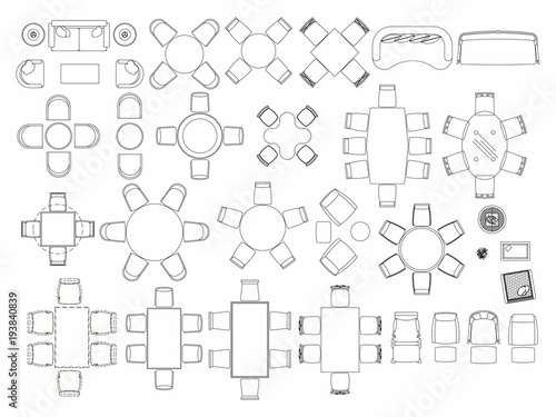 Top view of set furniture elements outline symbol for dining room, cafe, restaurant and living room. Interior icon chair, table and sofa.