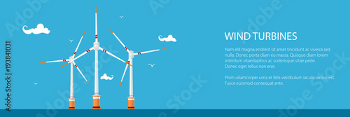 Banner with Offshore Wind Farm ,Horizontal Axis Wind Turbines in the Sea off the Coast, Vector Illustration