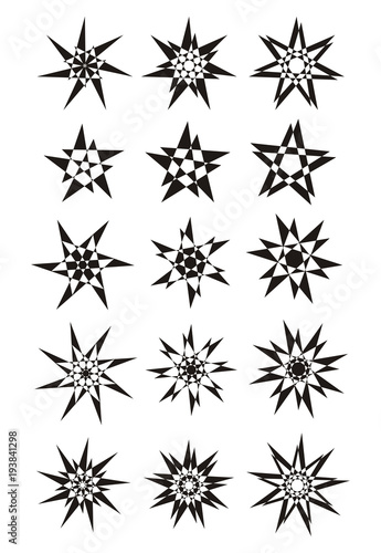 Stars. 15 original characters Decorative symbols for text and pages. Can be used as logos. Vector graphics.