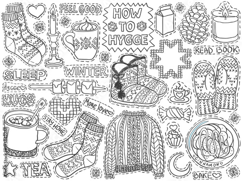 Hygge doodles danish living concept patch badges black white