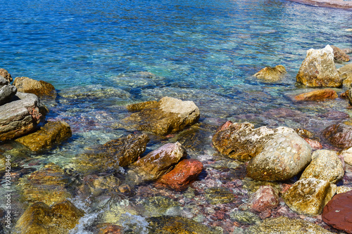 Sea. Large coastal rocks in the water near the shore