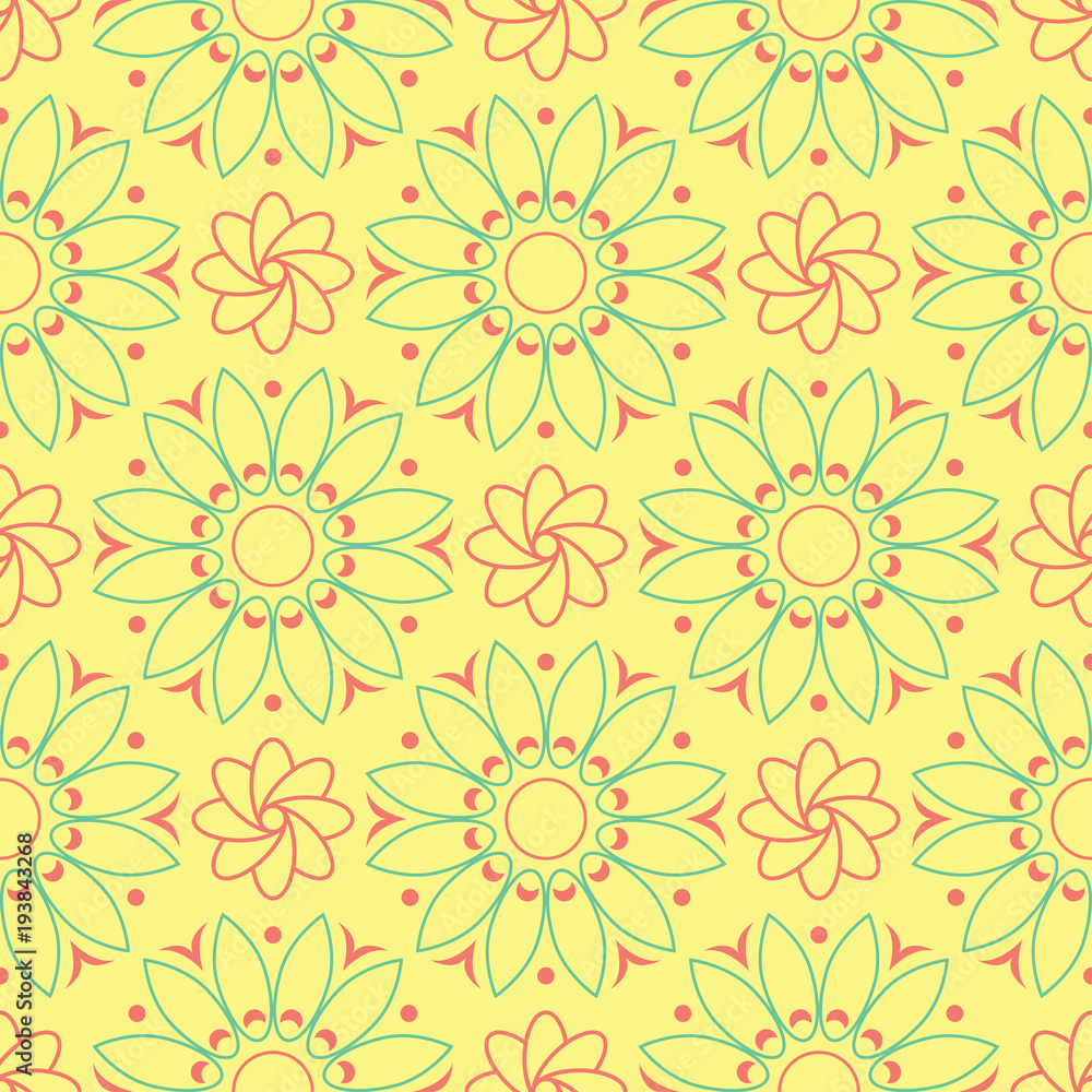 Seamless pattern with floral design. Bright yellow background with pink and green flower elements Seamless pattern with floral design. Bright yellow background with pink and green flower elements