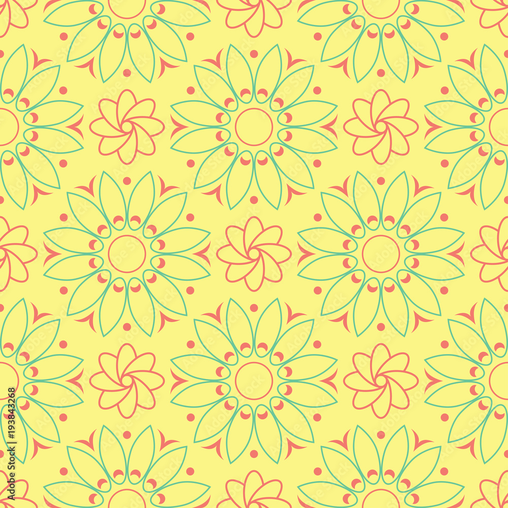 Seamless pattern with floral design. Bright yellow background with pink and green flower elements