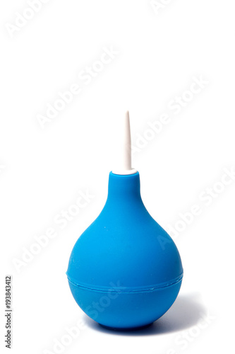 blue enema ot syringe bulb. Isolated on white
