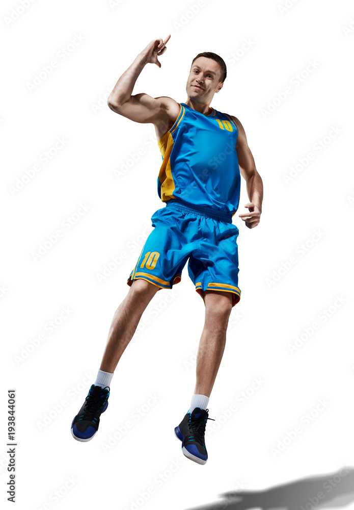 happy basketball player isolated in white