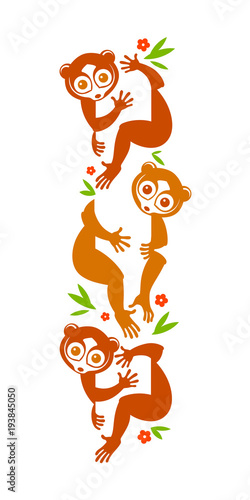 Color drawing, illustration of a wild nocturnal eyed animal lemurs Lori, who can be a pet sitting on a branch of a tropical tree. Silhouette, engraving, vector, isolated on background for design. photo