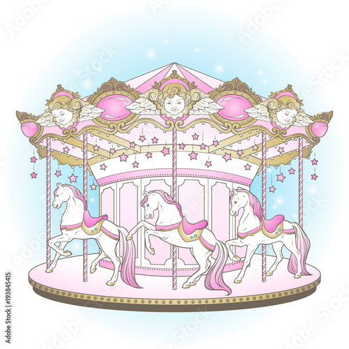 Carousel La Belle Epoque cute merry go round with horses design for kids in pastel colors hand drawn vector illustration