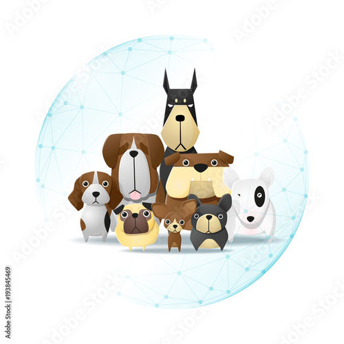 Pet care concept with dogs protected in polygonal sphere shield , vector , illustration