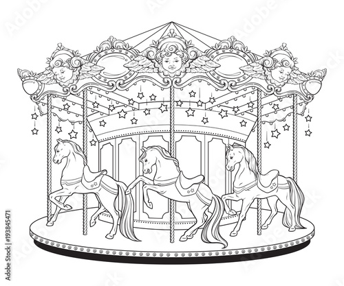 Carousel La Belle Epoque cute merry go round with horses coloring book pages for kids and adults hand drawn vector illustration