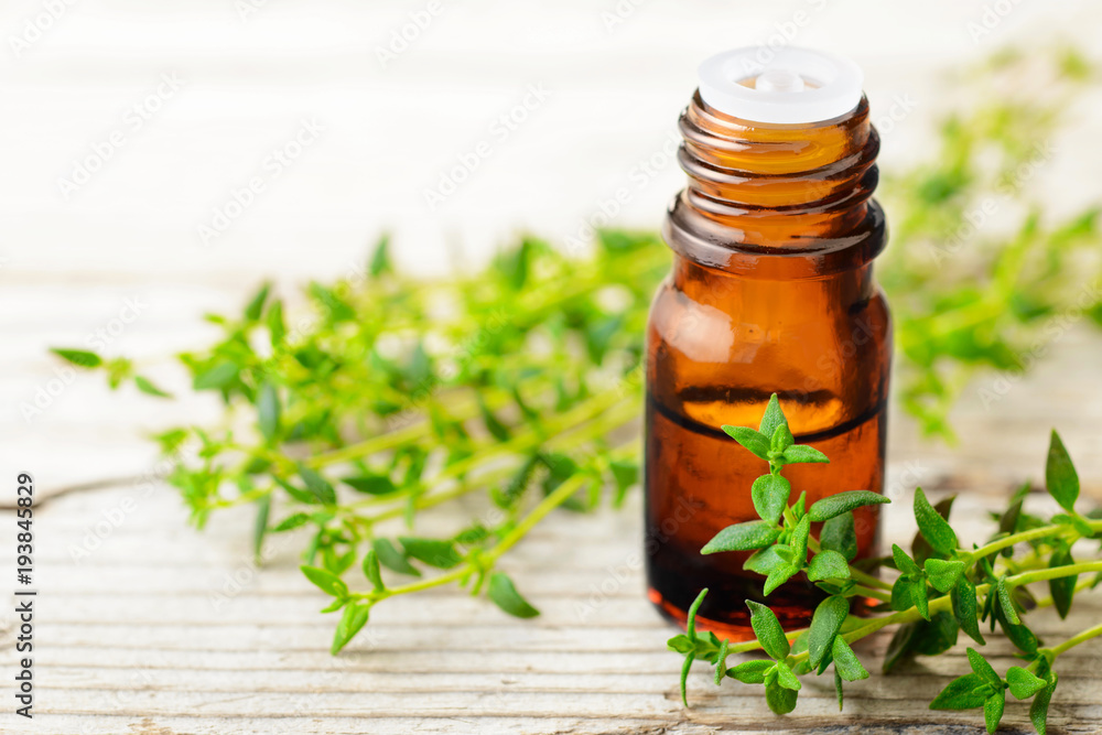 Thyme essential oil and fresh thyme on the wooden table Thyme essential oil and fresh thyme on the wooden table