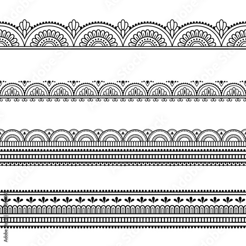 Set of seamless borders for design and application of henna. Mehndi style. Decorative pattern in oriental style.